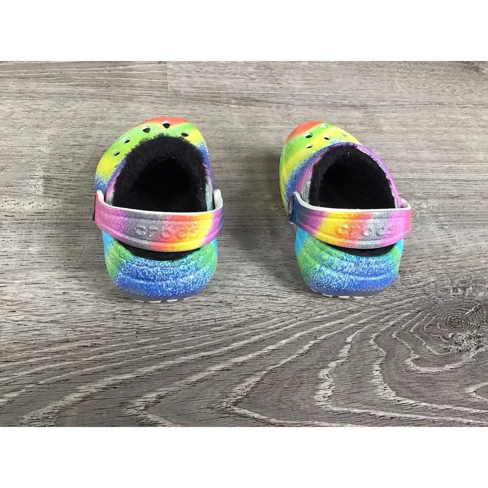 Crocs Baby Girls Size 4 C4 Rainbow Clogs Black Lined Shoes Slip On 208095